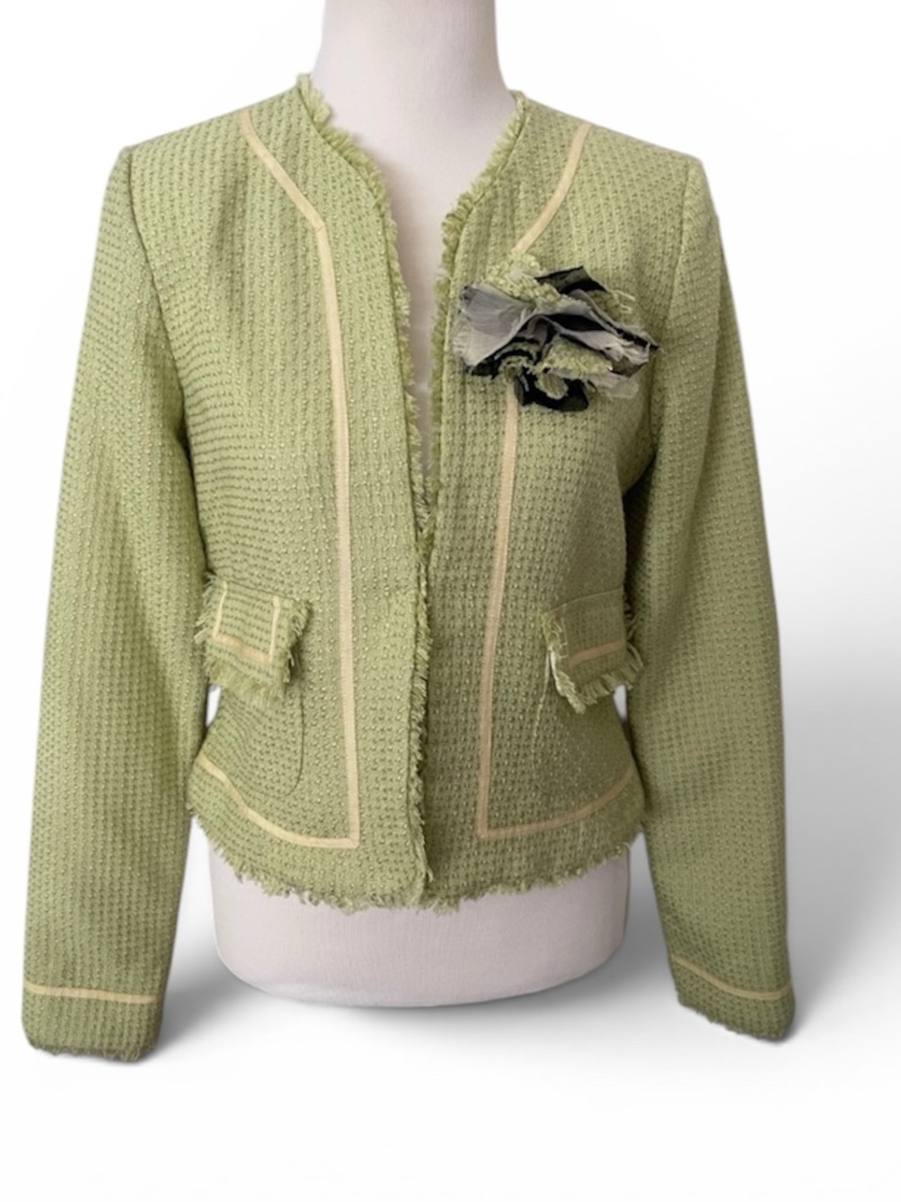 Vintage True Meaning Light Green Tweed Fringe Jacket with Removable Floral Pin